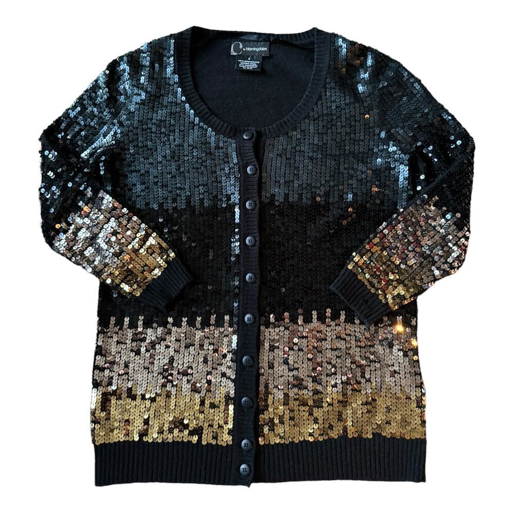 C by Bloomingdales cashmere mix sequenced cardigan black gold silver size small